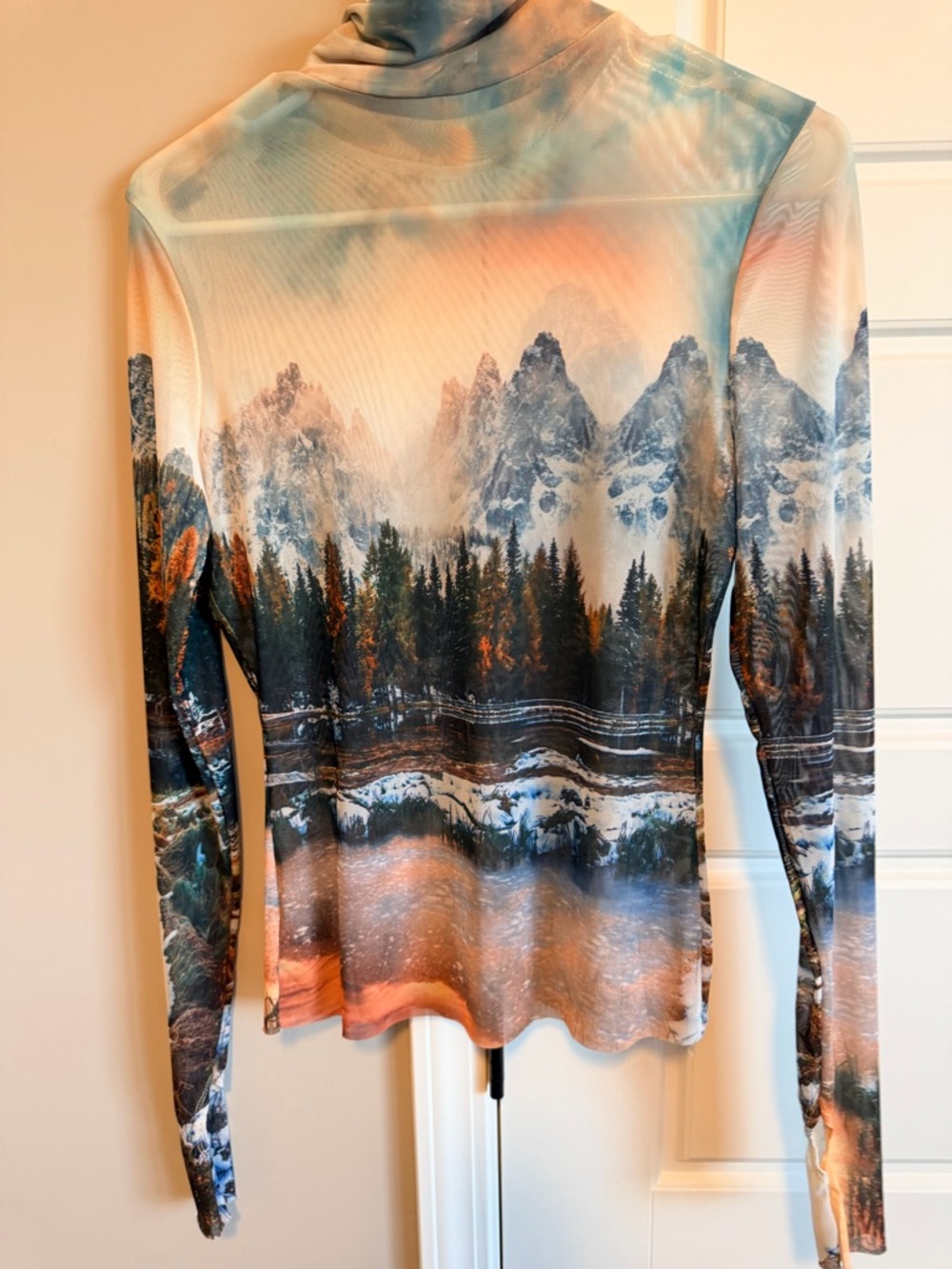 AFRM Mountain Forest Scenic Mesh Long Sleeve Turtleneck. Women’s medium